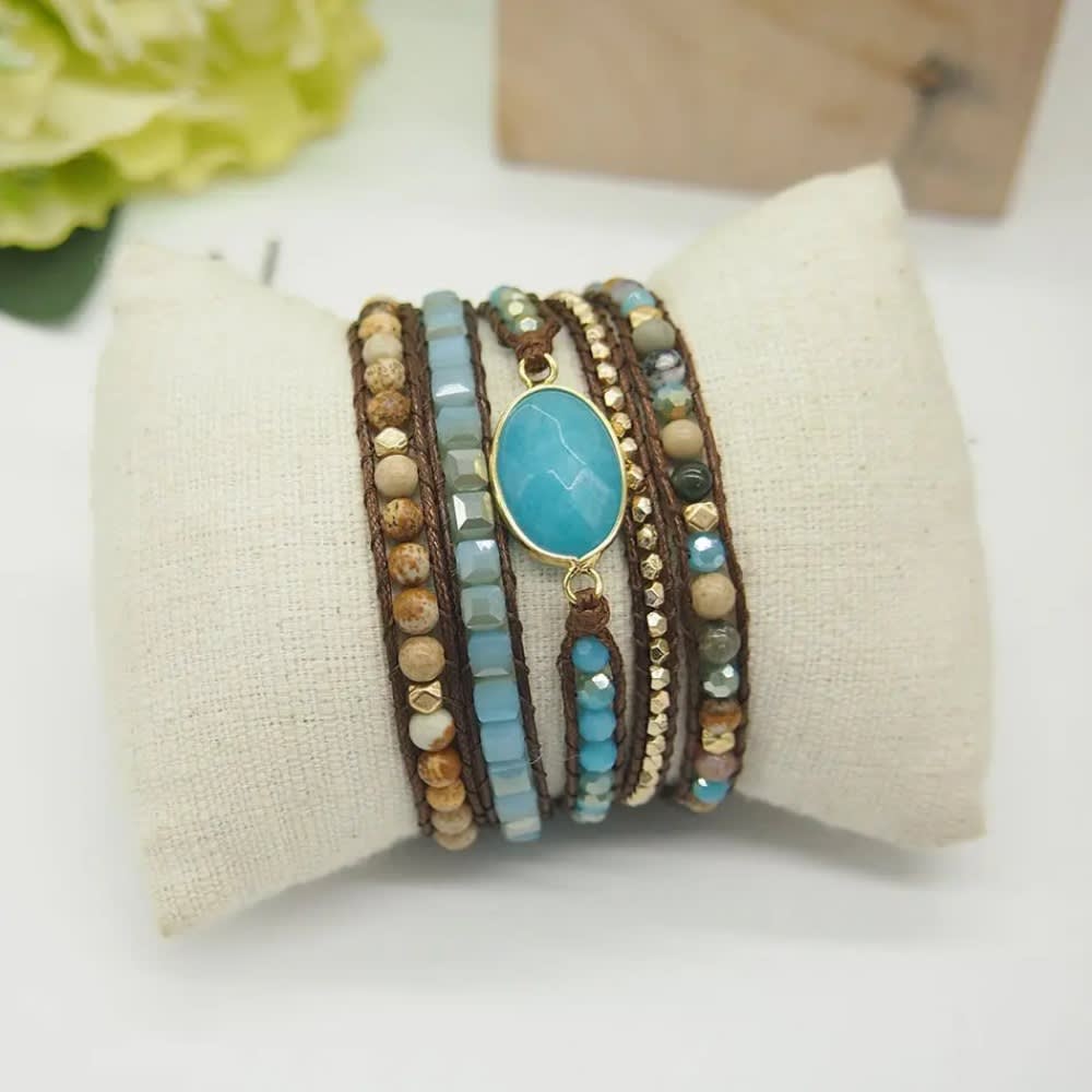 Creative New Design Natural Druzy Stone Bead 5 Wraps Statement Boho Crystal Bracelet Jewelry